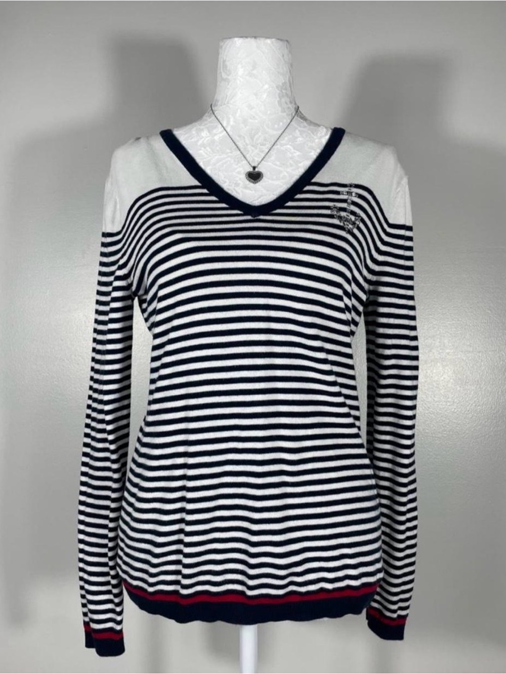 Tommy Hilfiger Navy & White Striped V-Neck Long Sleeve Top